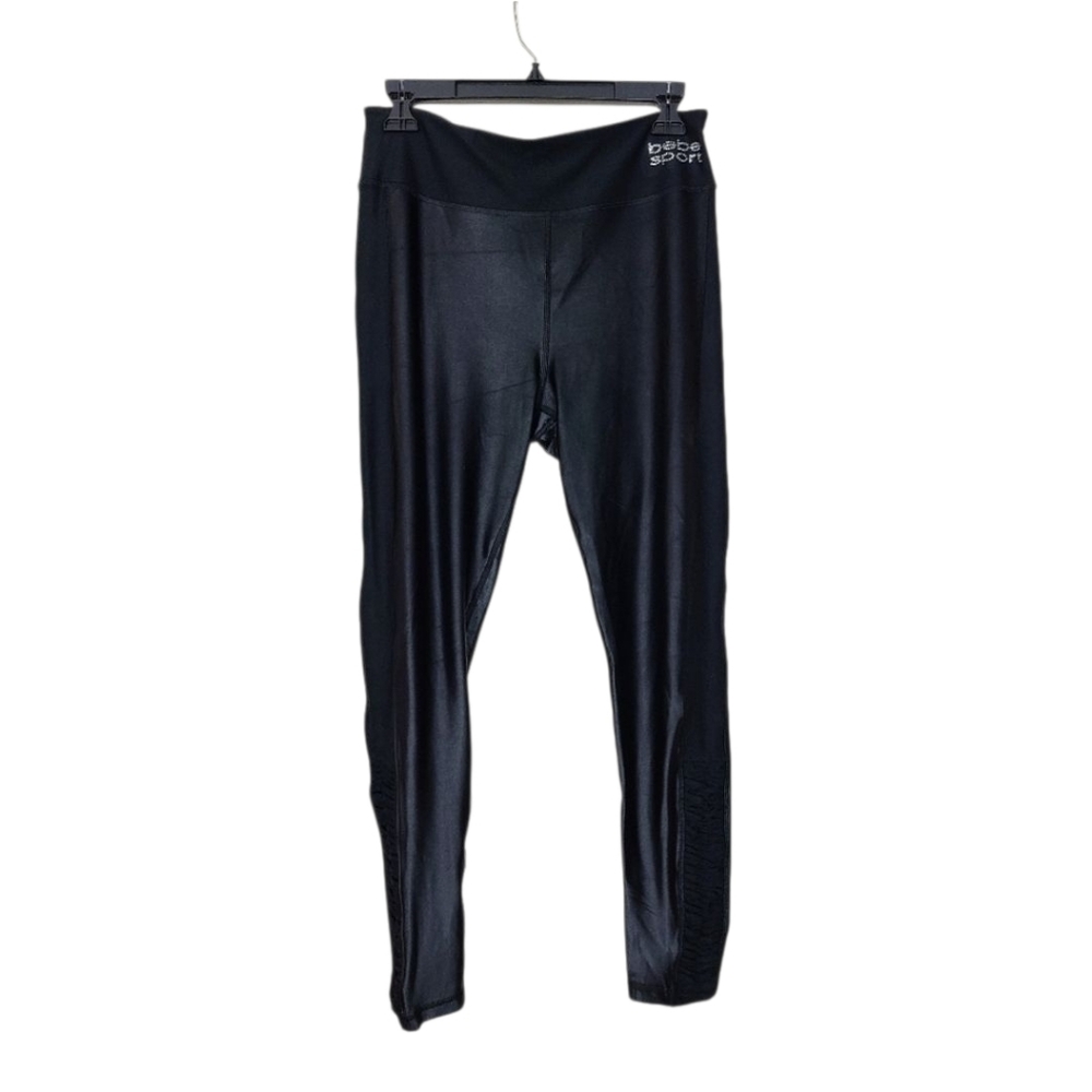 Bebe Sport Black Faux Leather Leggings‎ Womens L Rhinestone Logo Rockstar Glam